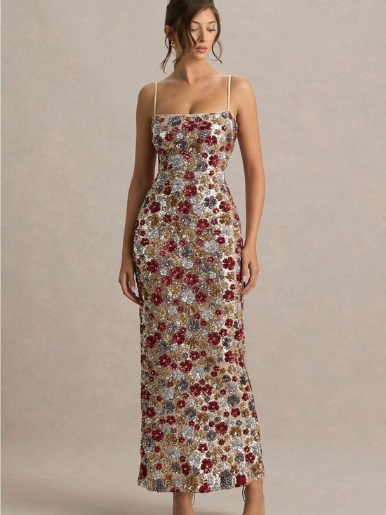 Dresses & Skirts - Embellished Floral Sequin Midi Dress - Red & Gold